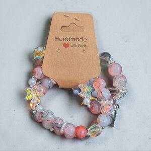 NWT Handmade With Love Pink & Iridescent Beaded Stretch Bracelet Set OS Layered